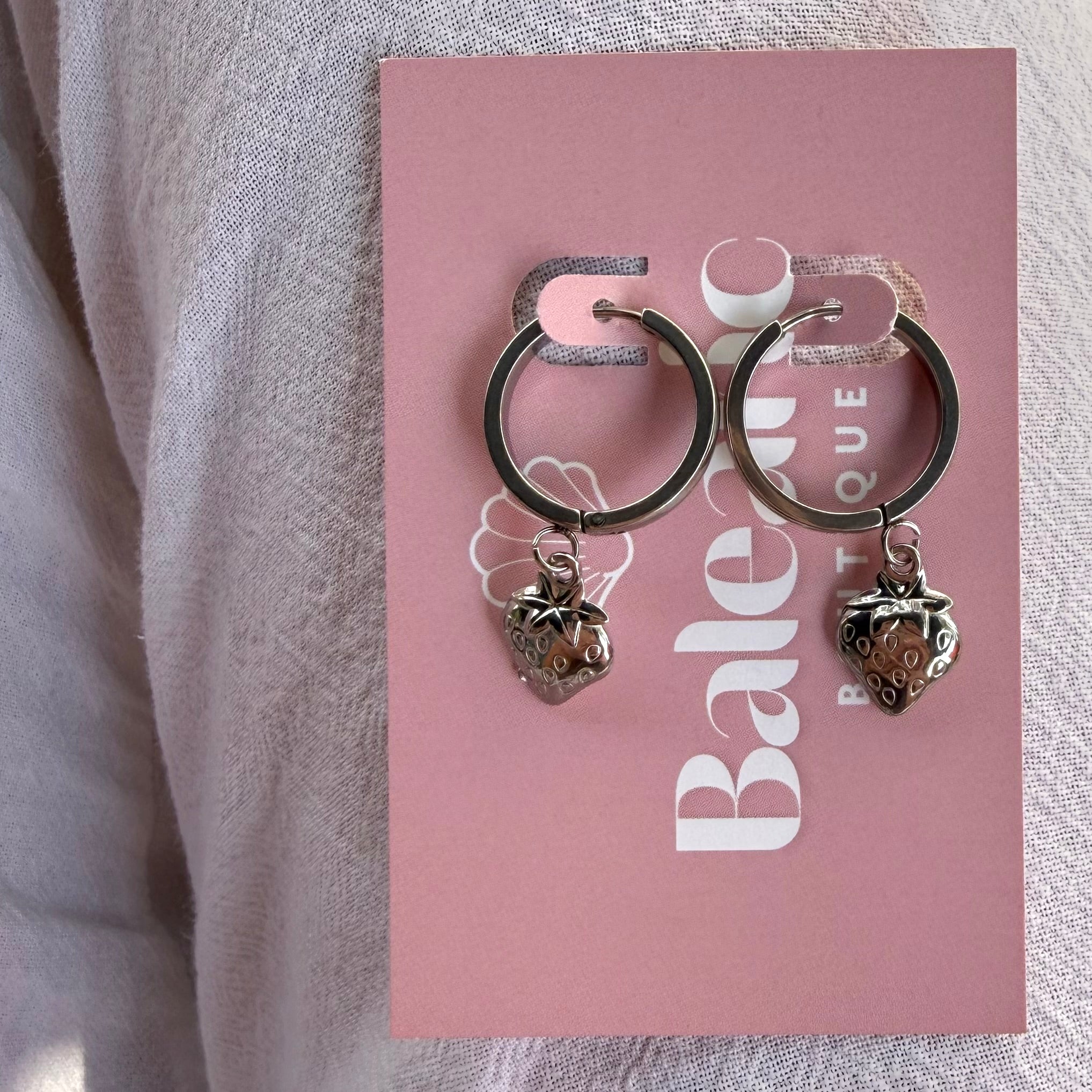 Strawberry Silver Macro Huggie Earrings