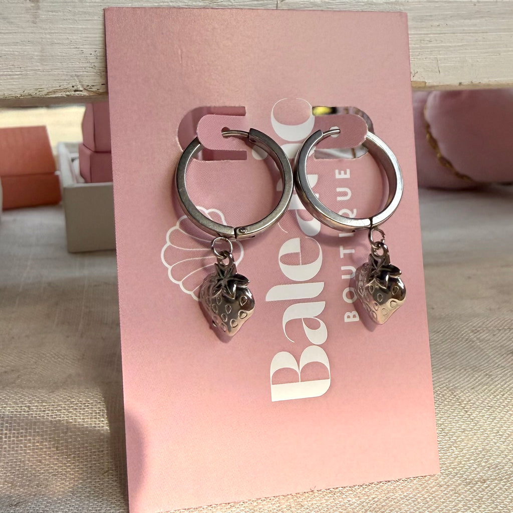 Strawberry Silver Macro Huggie Earrings
