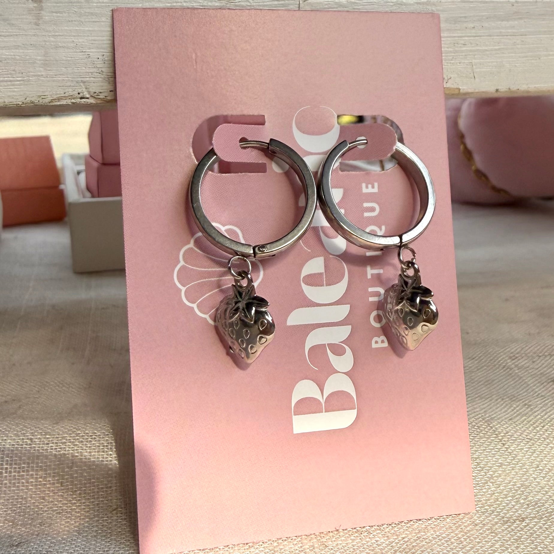 Strawberry Silver Macro Huggie Earrings