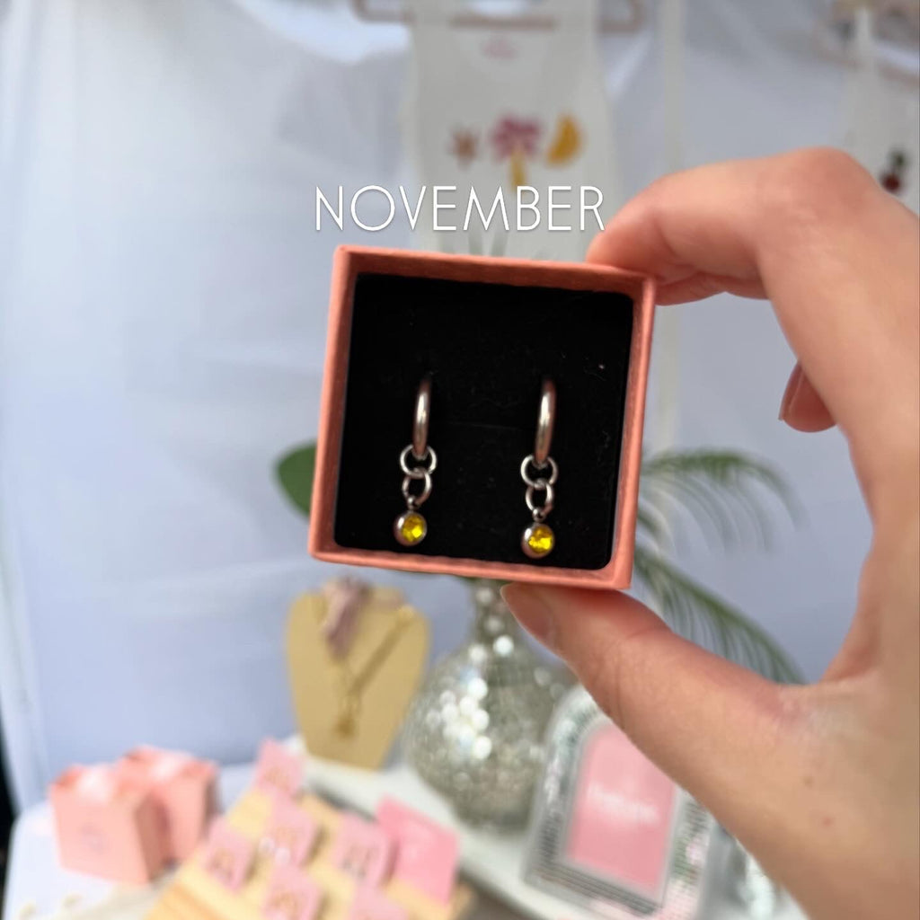 Earrings in a box held by a hand with 'NOVEMBER' text above.