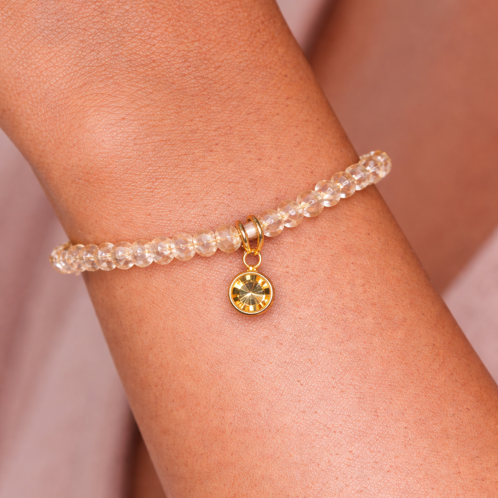 Bronze Beaded Bracelet with Gold Crystal Charm
