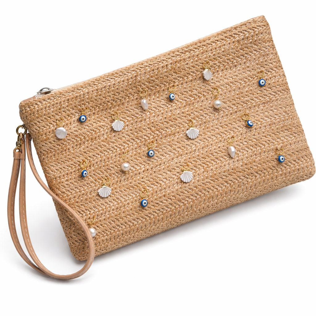 Evil Eye & Shell Charmed Woven Zip Clutch