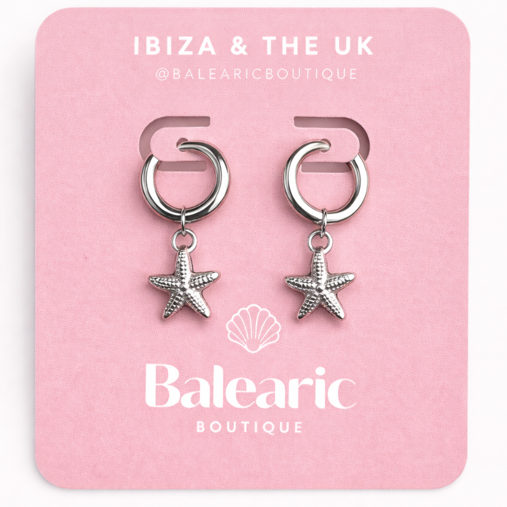 Starfish earrings on a pink card with 'Balearic Boutique' branding