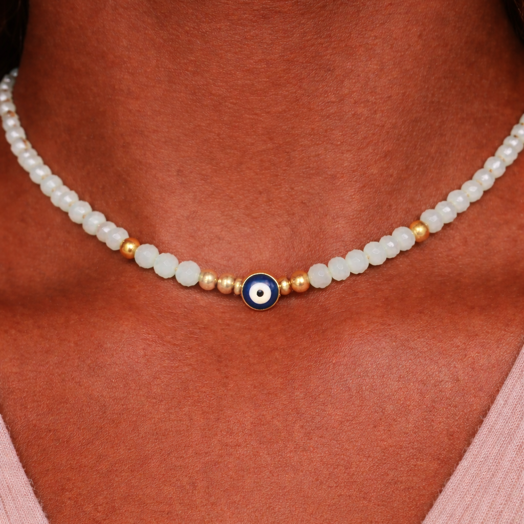 White and Gold Evil Eye Beaded Necklace