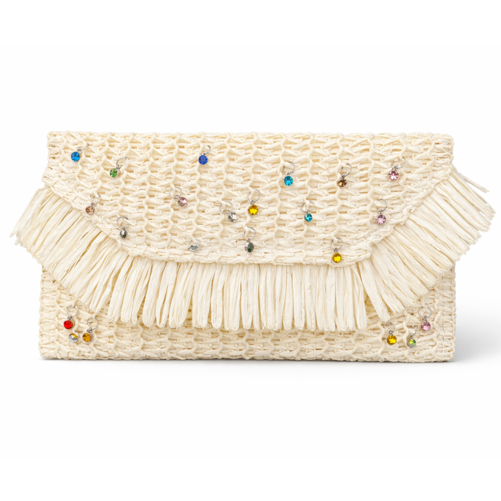 Woven clutch with colorful beads on a white background