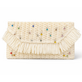 Woven clutch with colorful beads on a white background