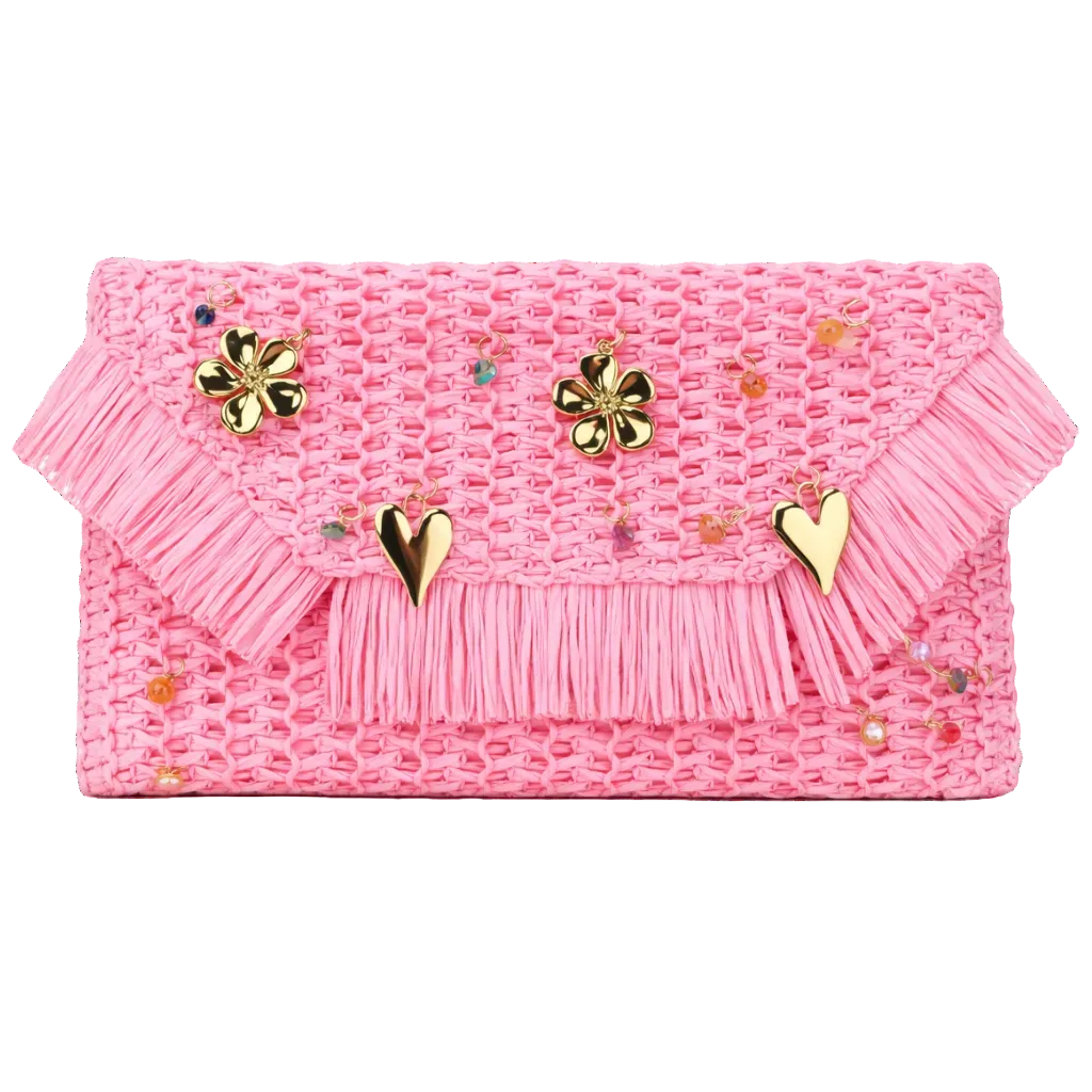 Pink clutch bag with gold floral and heart decorations on a white background