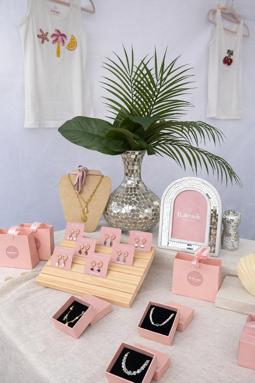 Jewelry display with pink boxes and a plant in the background