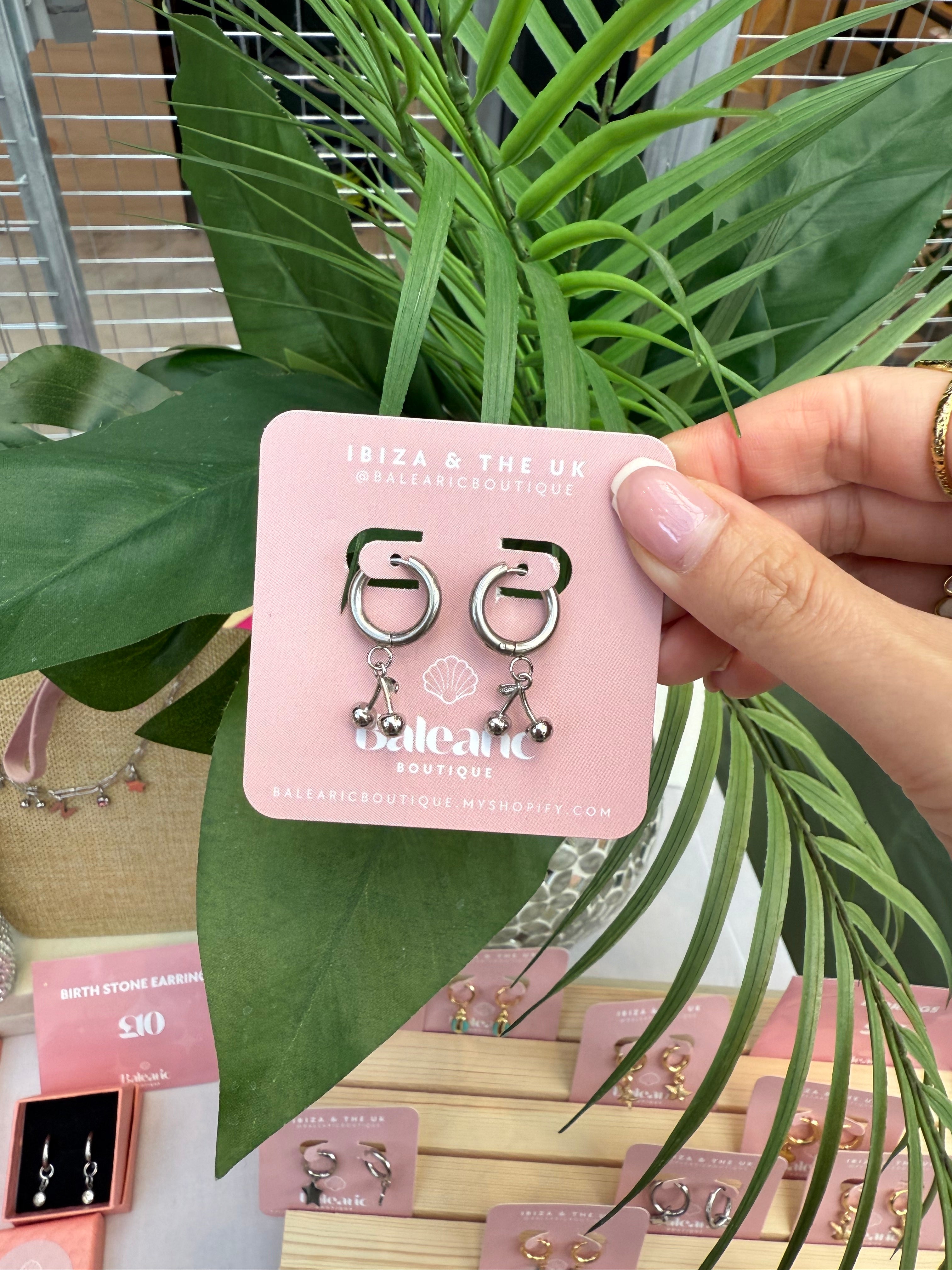 Silver Cherry Huggie Earrings