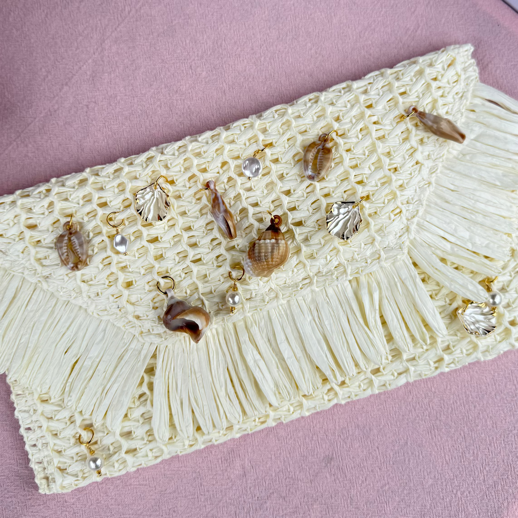 White Seashell & Pearl Woven Charmed Clutch